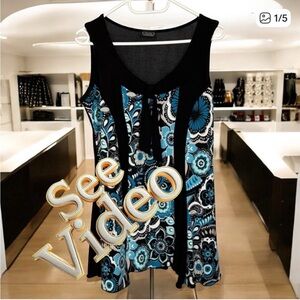 CLIENTELE Blue/BlackFlower Power Sleeveless A-Line Tunic Top